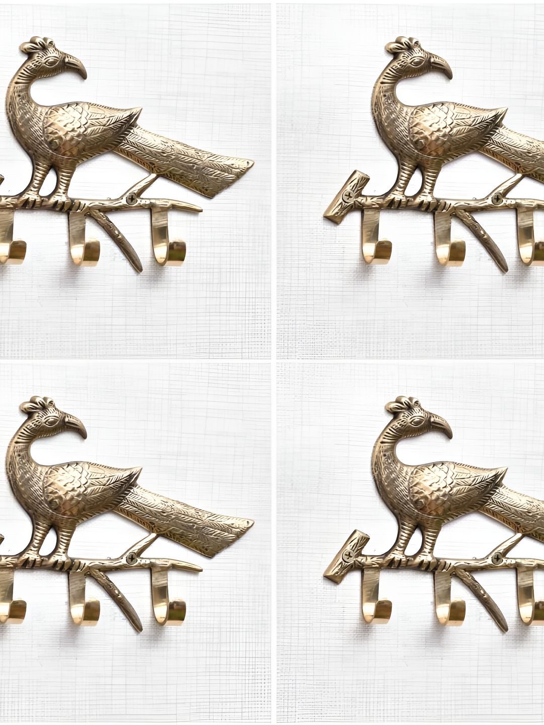IndianShelf Gold Toned 4 Pieces Peacock Textured Brass Wall Hooks-picture-44