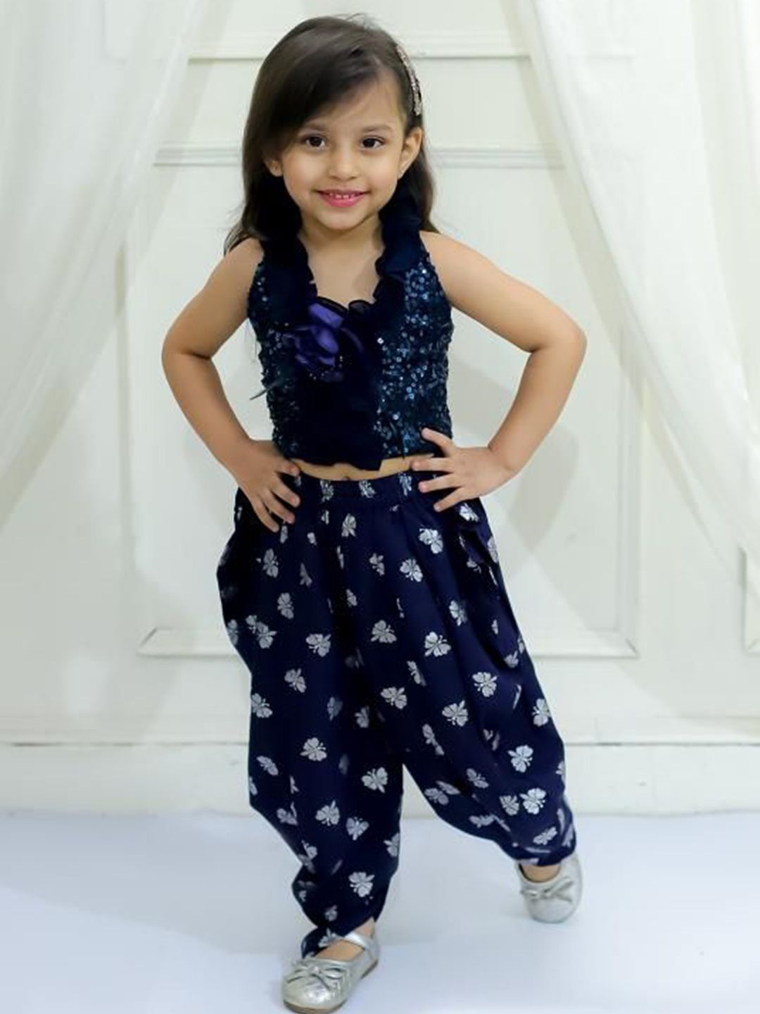 Twisha Girls Halter Neck Embroidered Top with Dhoti Pants-image-2