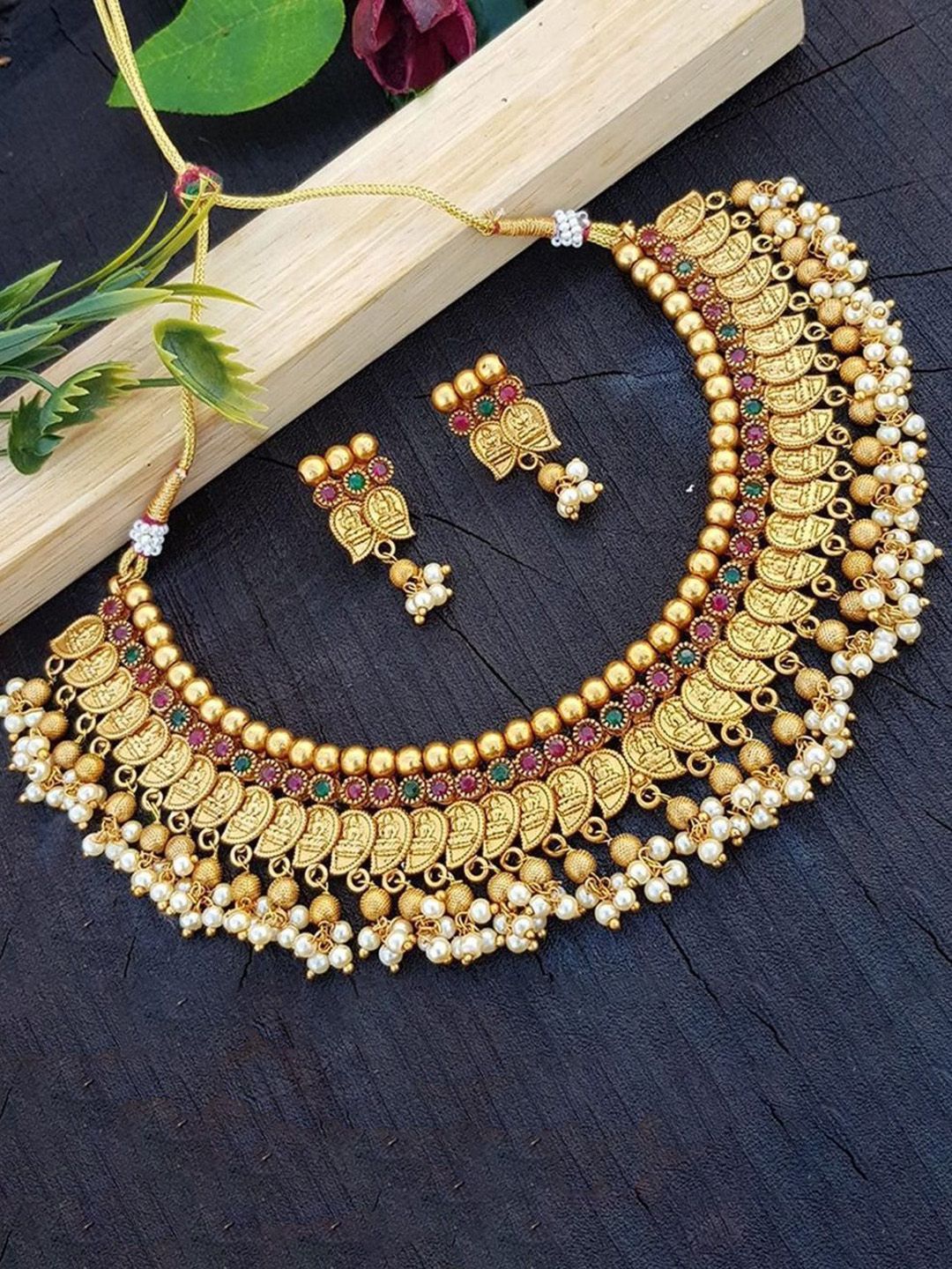 GRIIHAM Gold Plated Cubic Zirconia Studded & Beads Temple Jewellery Set-picture-14