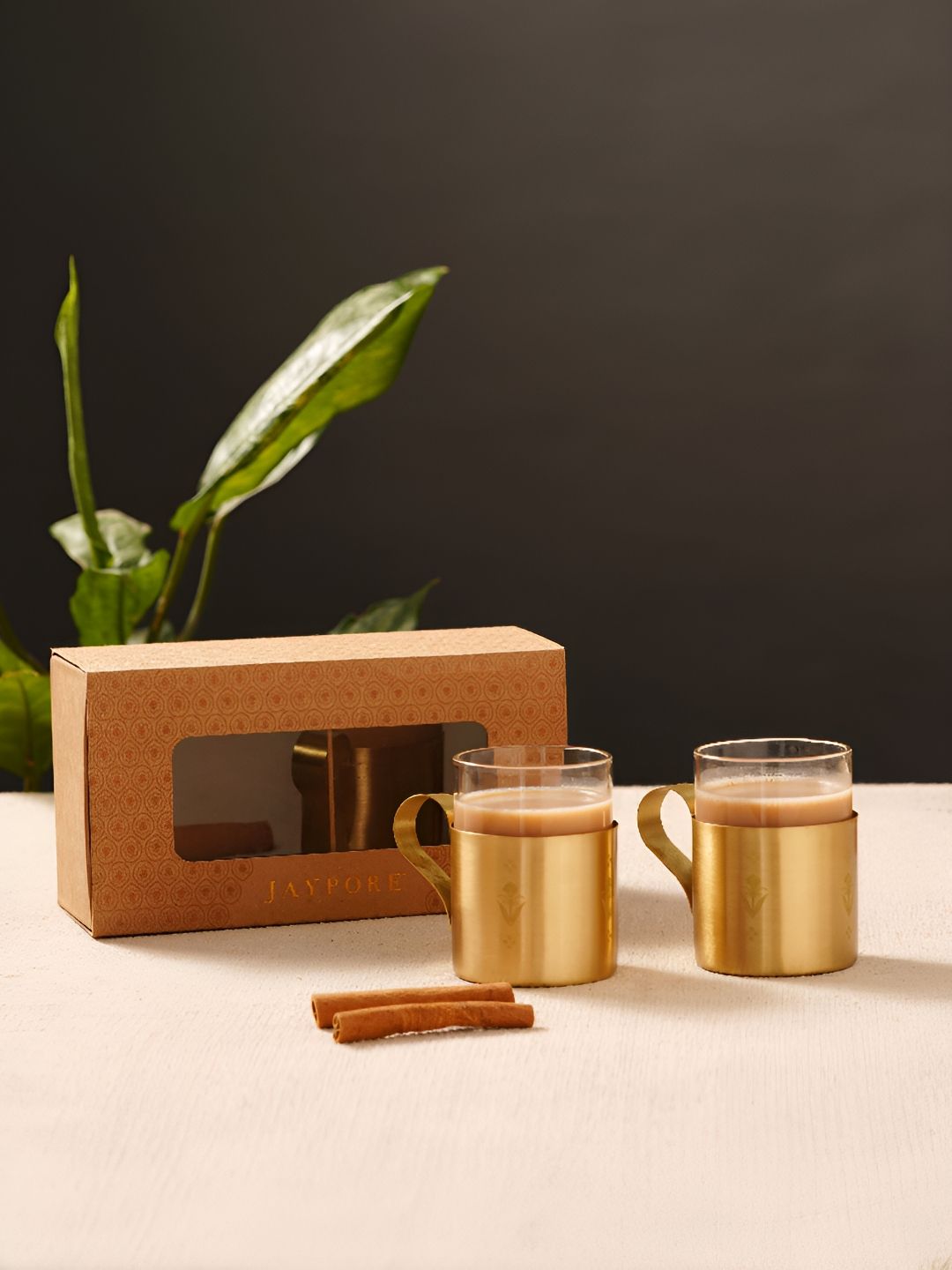 JAYPORE Gold-Toned 4 Pieces Borosilicate Glass Brass Cups 250ml-picture-8