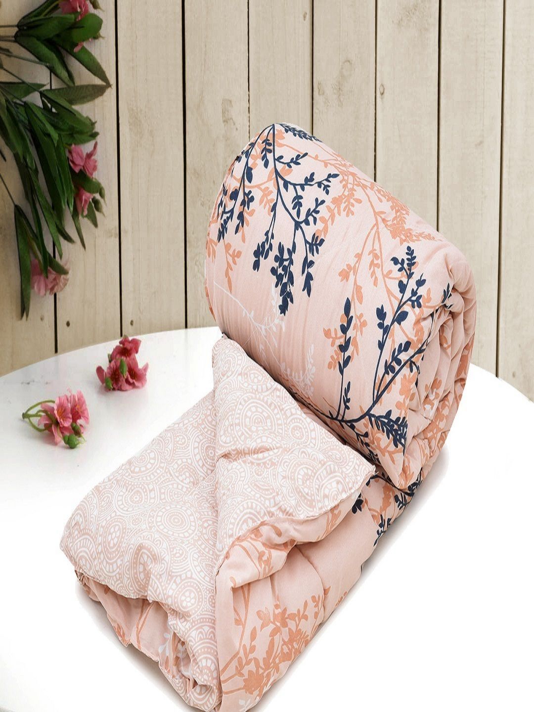 Myntra Elegant Homes Peach-Coloured & Navy Blue Floral Microfiber Mild Winter Single Bed Comforter-picture-10