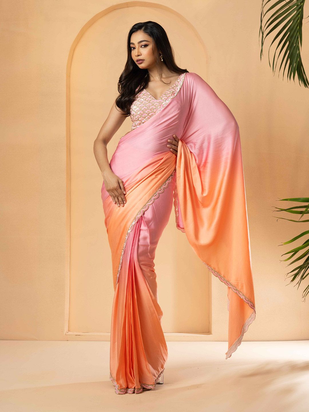 quench a  thirst Quench A Thirst Embroidered Satin Ombre Pre-Draped Saree-picture-22