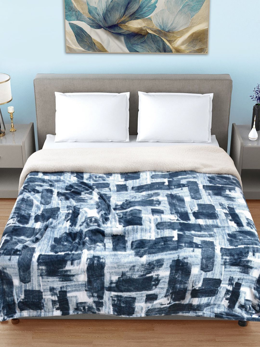 FABINALIV Blue & Navy Blue Printed Woollen Mild Winter 400 GSM Double Bed Comforter-image-46