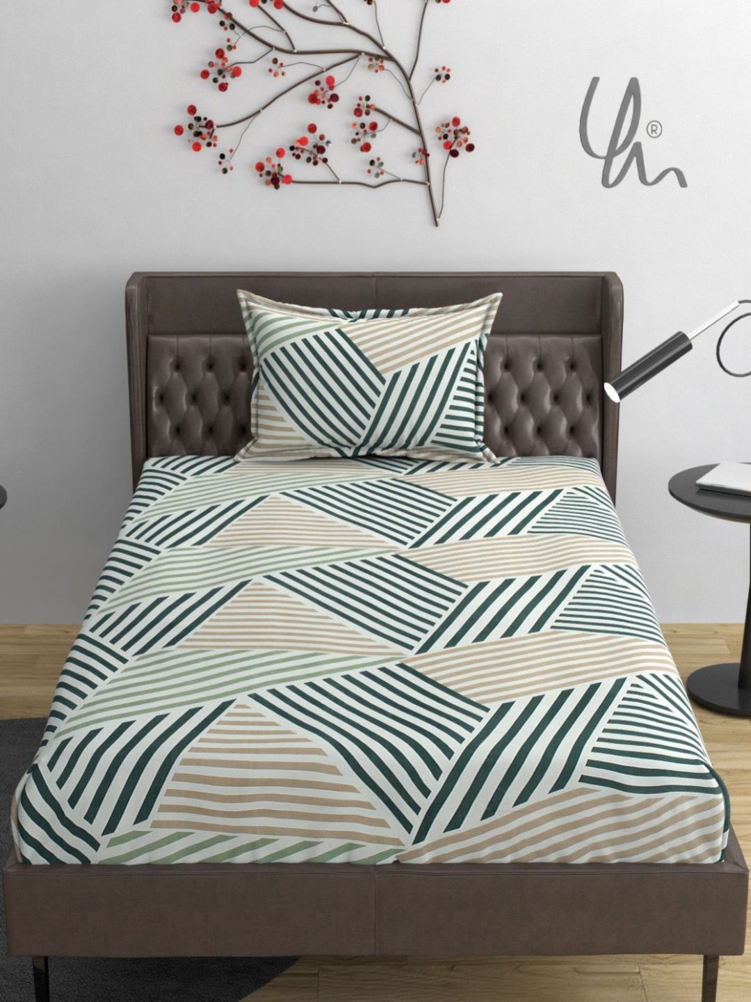 YaAkholic Green & White Geometric 210 TC Single Bedsheet with 1 Pillow Covers-picture-33