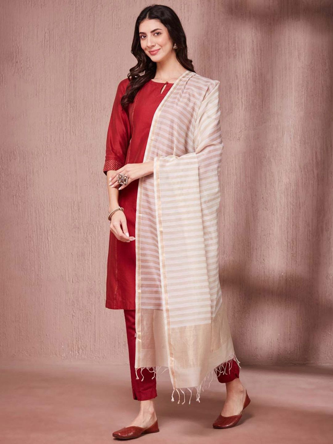 Fabindia Striped Woven Design Cotton Silk Dupatta-picture-36