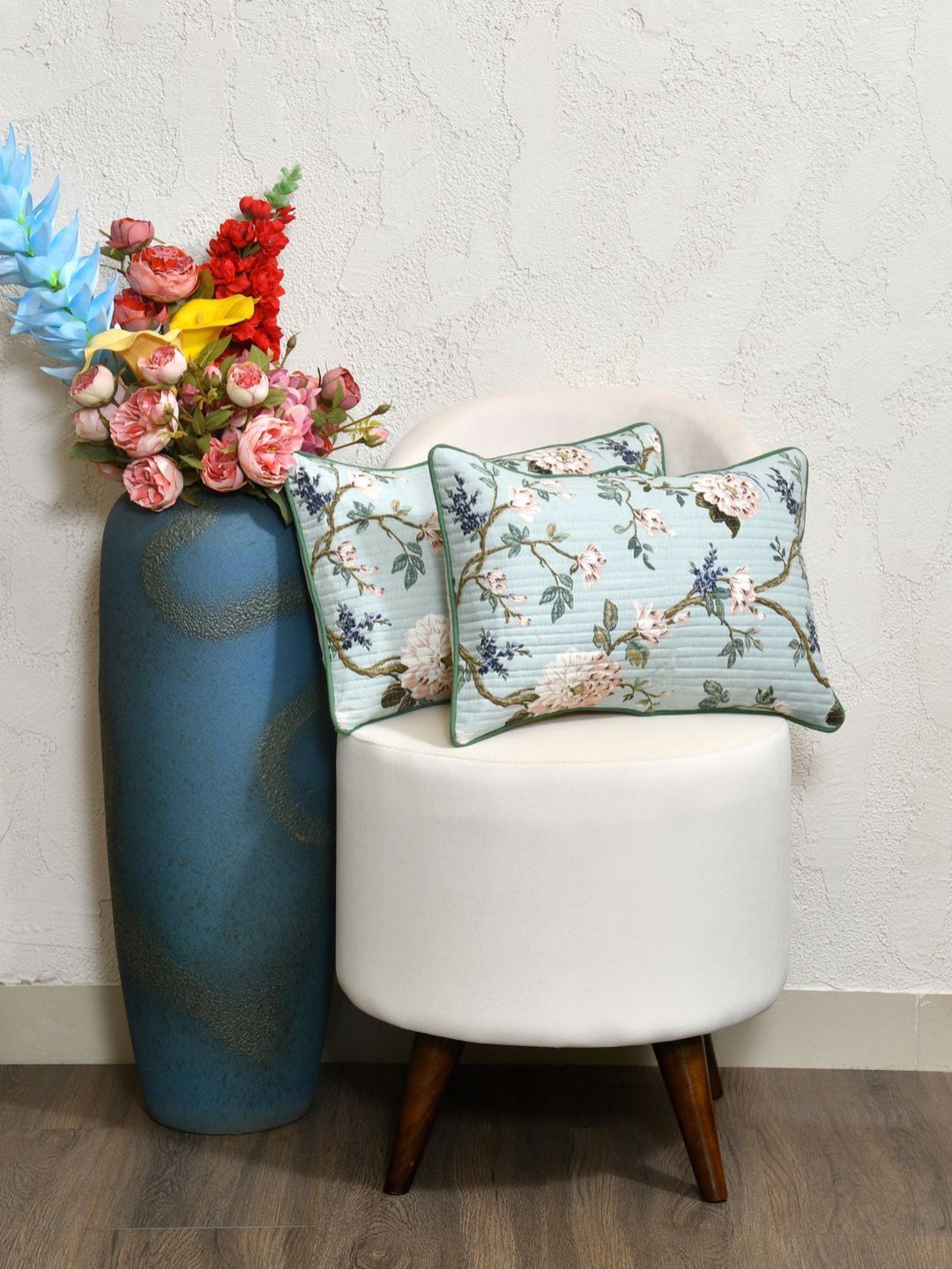 Clasiko Green & Peach Colored 2 Pieces Floral Printed Cotton Rectangle Cushion Covers-picture-10