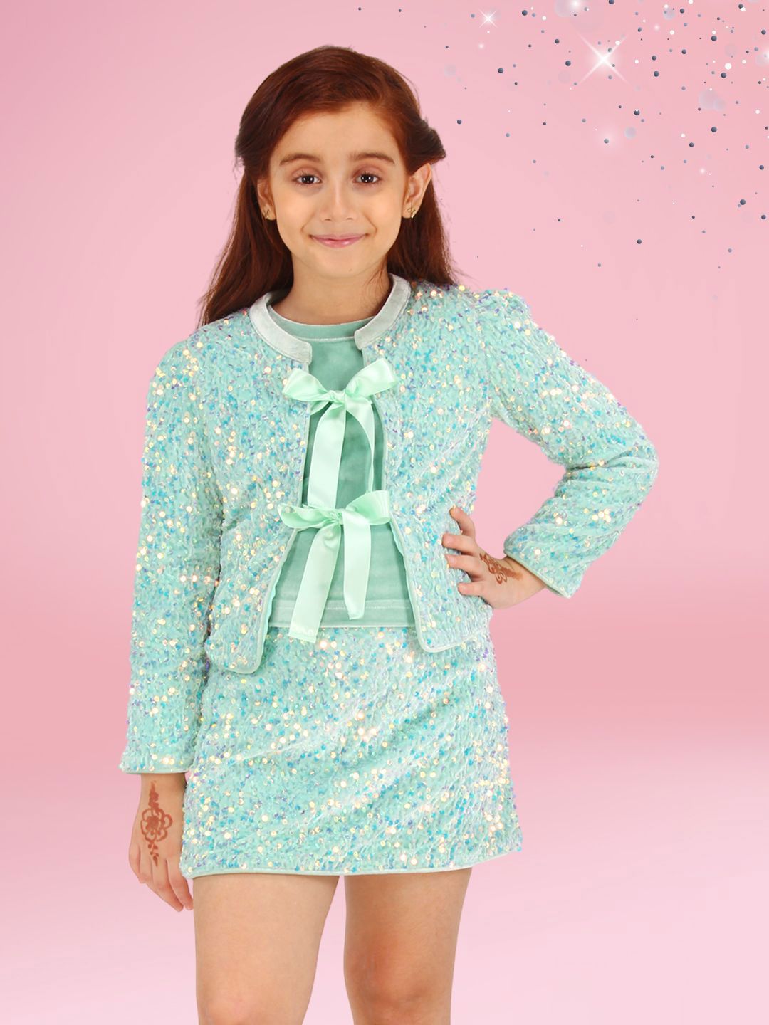 CUTECUMBER Girls Embellished Round Neck Coat With Skirt & Chenille Inner-image-4