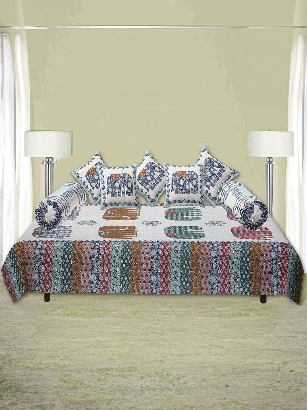 Trance Home Linen Blue & Red 8 Pieces 108 TC Pure Cotton Jaipuri Printed Diwan Set-picture-40