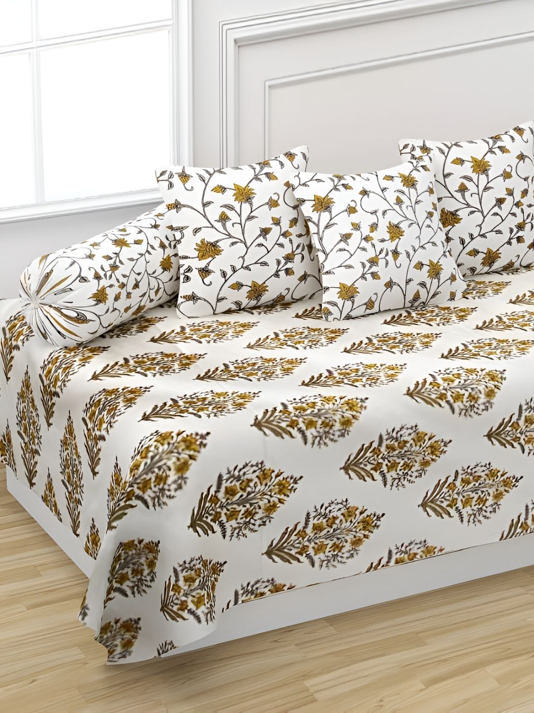Trance Home Linen Set Of 6 Yellow & Grey 108 TC Cotton Printed DiwanSet-picture-36