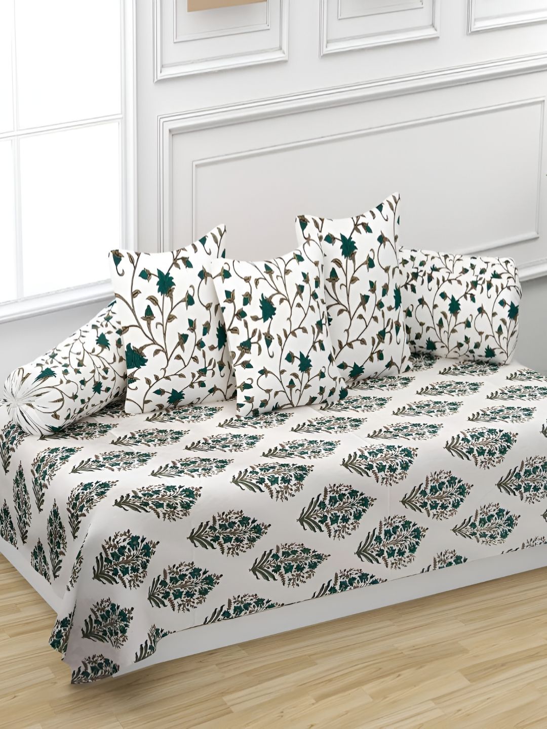 Trance Home Linen 6-Pcs White & Jaal Green Printed Pure Cotton 108 Thread Count Diwan Set-picture-16