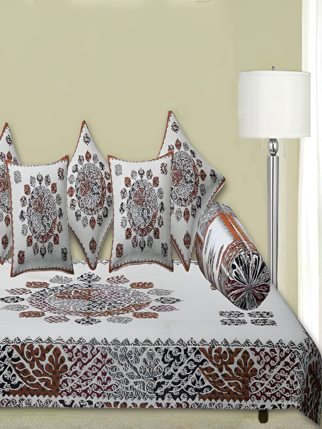 Trance Home Linen Set Of 8 Brown & Grey Jaipuri Printed108 TC DiwanSet-picture-31