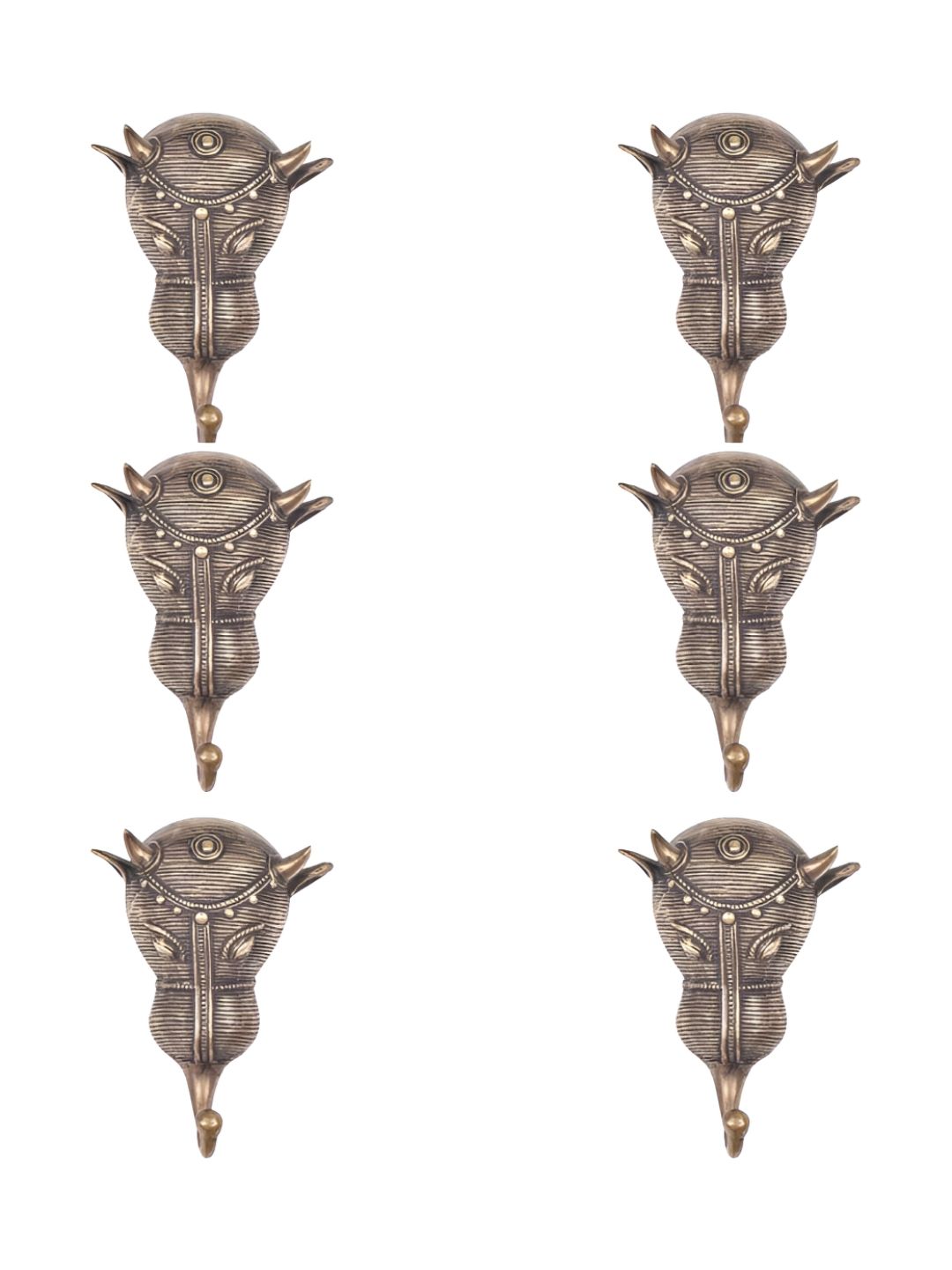 IndianShelf Bronze 6 Pieces Tribal Bull Face Textured Brass Wall Hooks-image-45