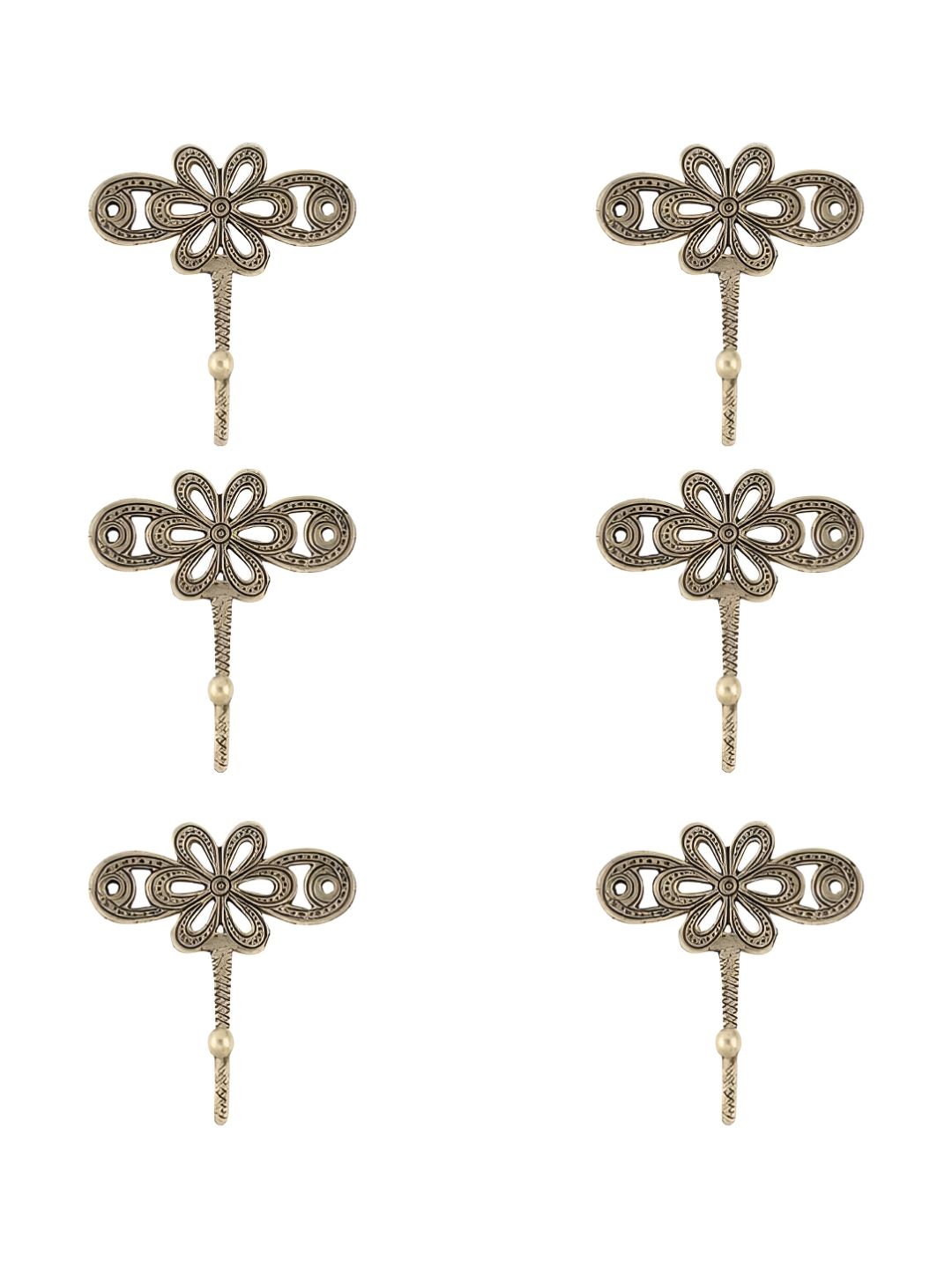 IndianShelf Gold-Toned & Black 6 Pieces Floral Brass Wall Hooks-image-35