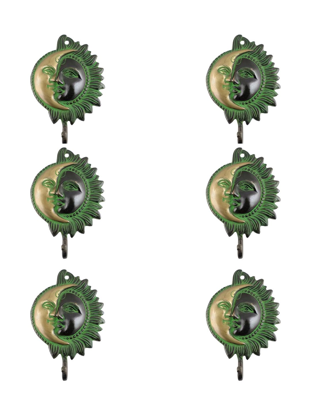 IndianShelf Bronze & Green 6 Pieces Brass Sun Moon Coat Hooks-image-29