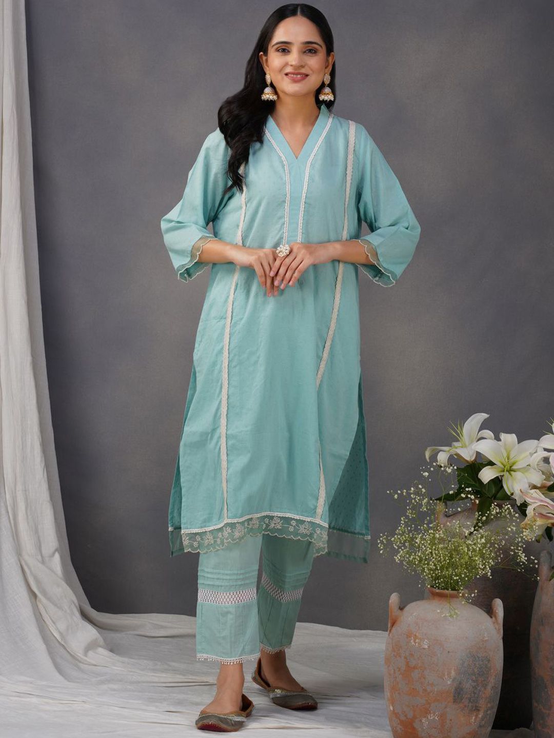 V-Neck Pure Cotton Straight Kurta with Trousers & Palazzos