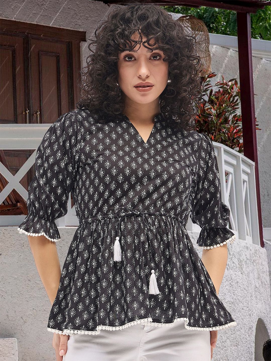 Deewa Women Print Puff Sleeve Ethnic Peplum Top-picture-11