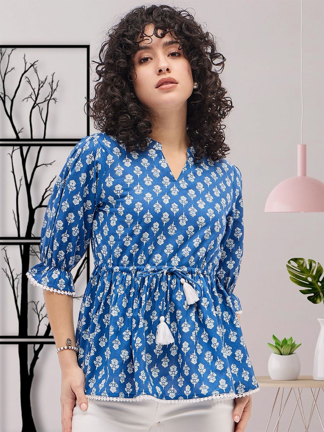 Deewa Women Floral Print Bell Sleeves Peplum Top-picture-35