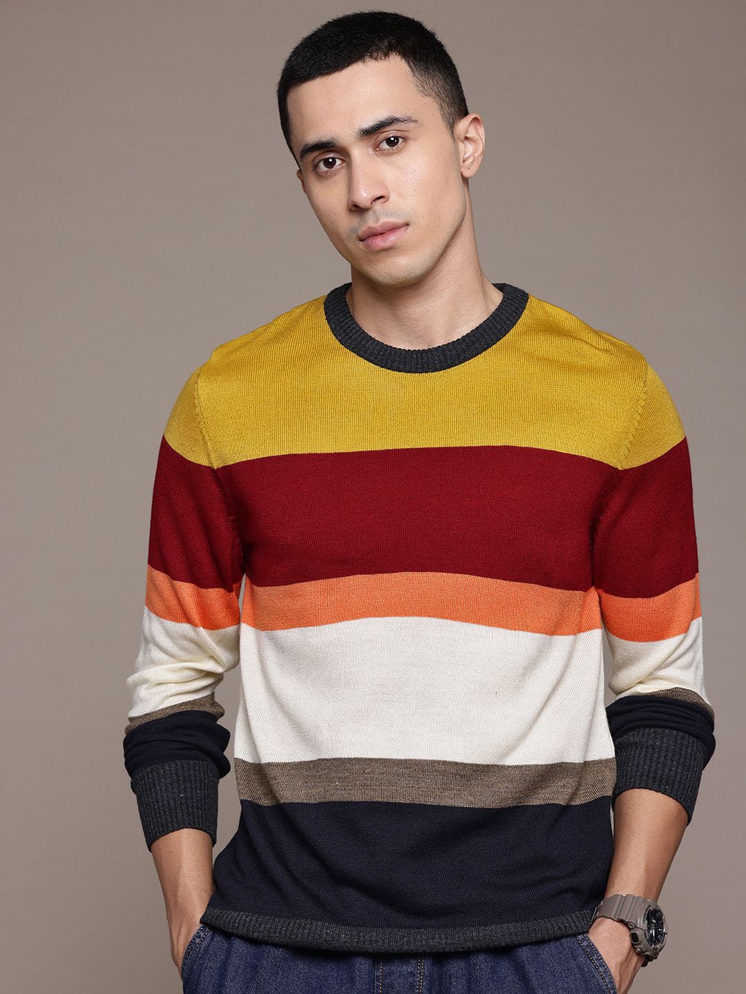 The Roadster Lifestyle Co. Colourblocked Striped Pullover