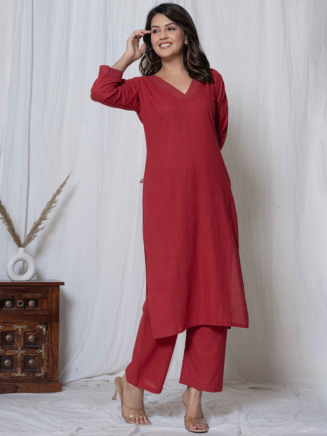 Fabmoha V-Neck Regular Pure Cotton Straight Kurta with Palazzos-picture-33