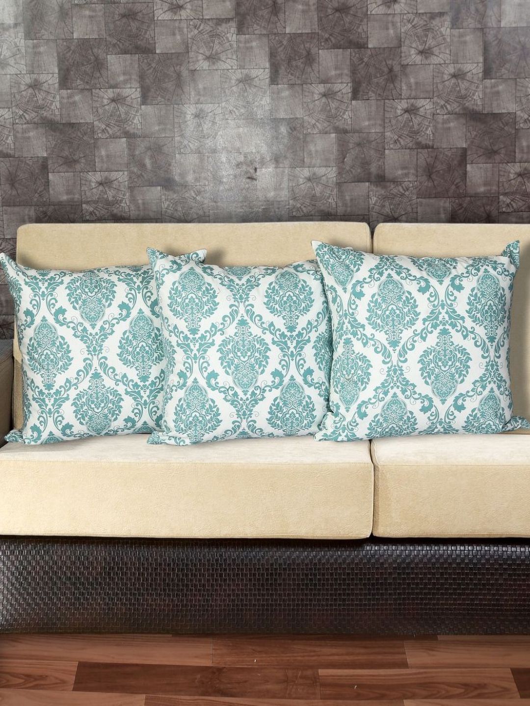INDHOME LIFE Turquoise Blue & White Set of 3 Floral Square Cushion Covers-picture-24