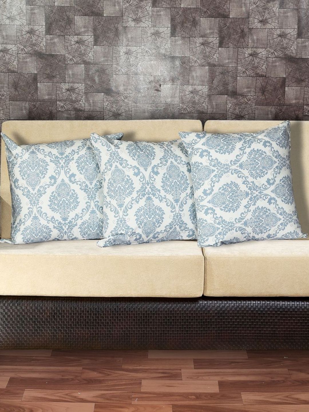 INDHOME LIFE White & Blue 3 Pieces Ethnic Motifs Printed Cotton Square Cushion Covers-picture-33