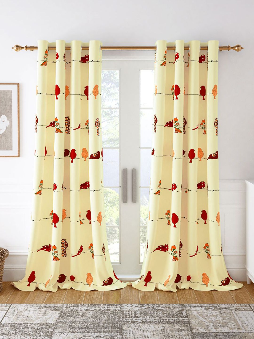 Story@home Yellow & Red2 Pieces Birds Printed Cotton Room Darkening Door Curtain-picture-35
