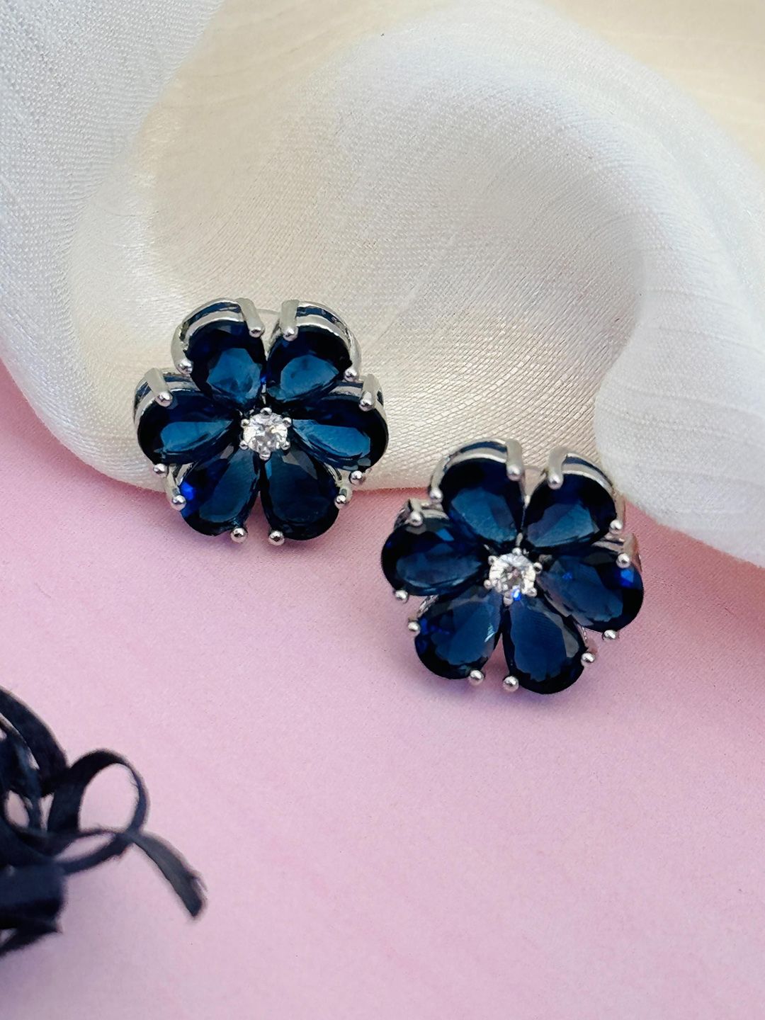 Sangria Silver-Plated AD Studded Floral Studs-picture-14