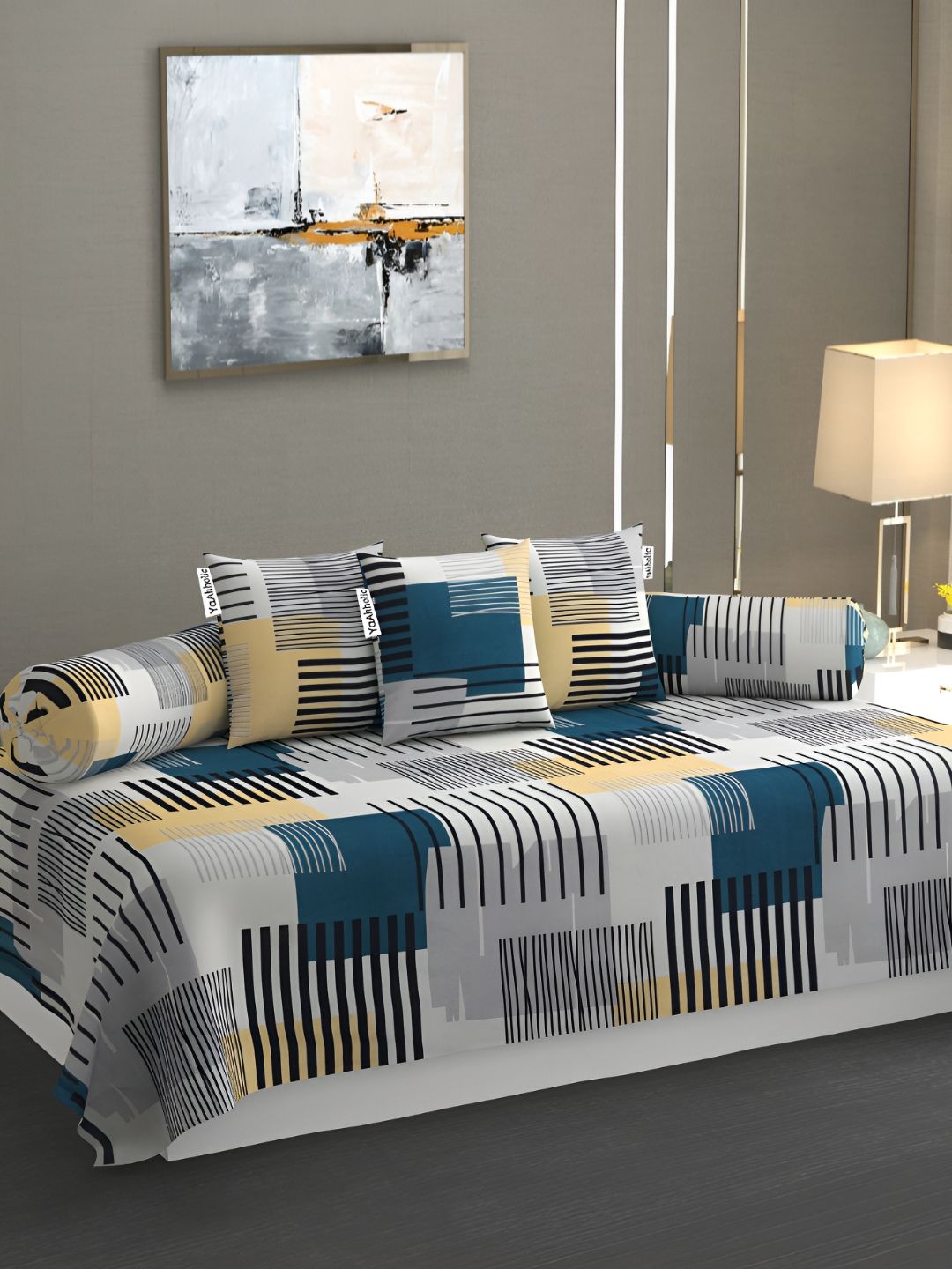 yaakholic YaAkholicSet Of 6 Yellow & Blue Printed210TCDiwanSet-picture-34