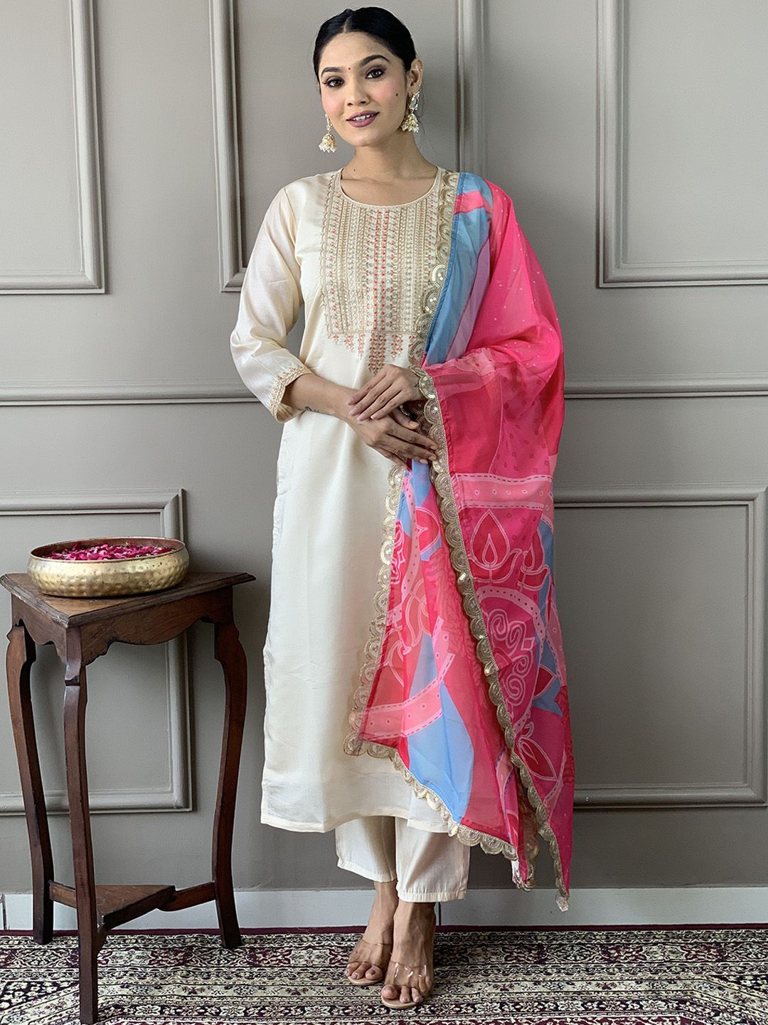 HERE&NOW Women Floral Yoke Design Regular Sequinned Kurta with Trousers & With Dupatta-picture-24