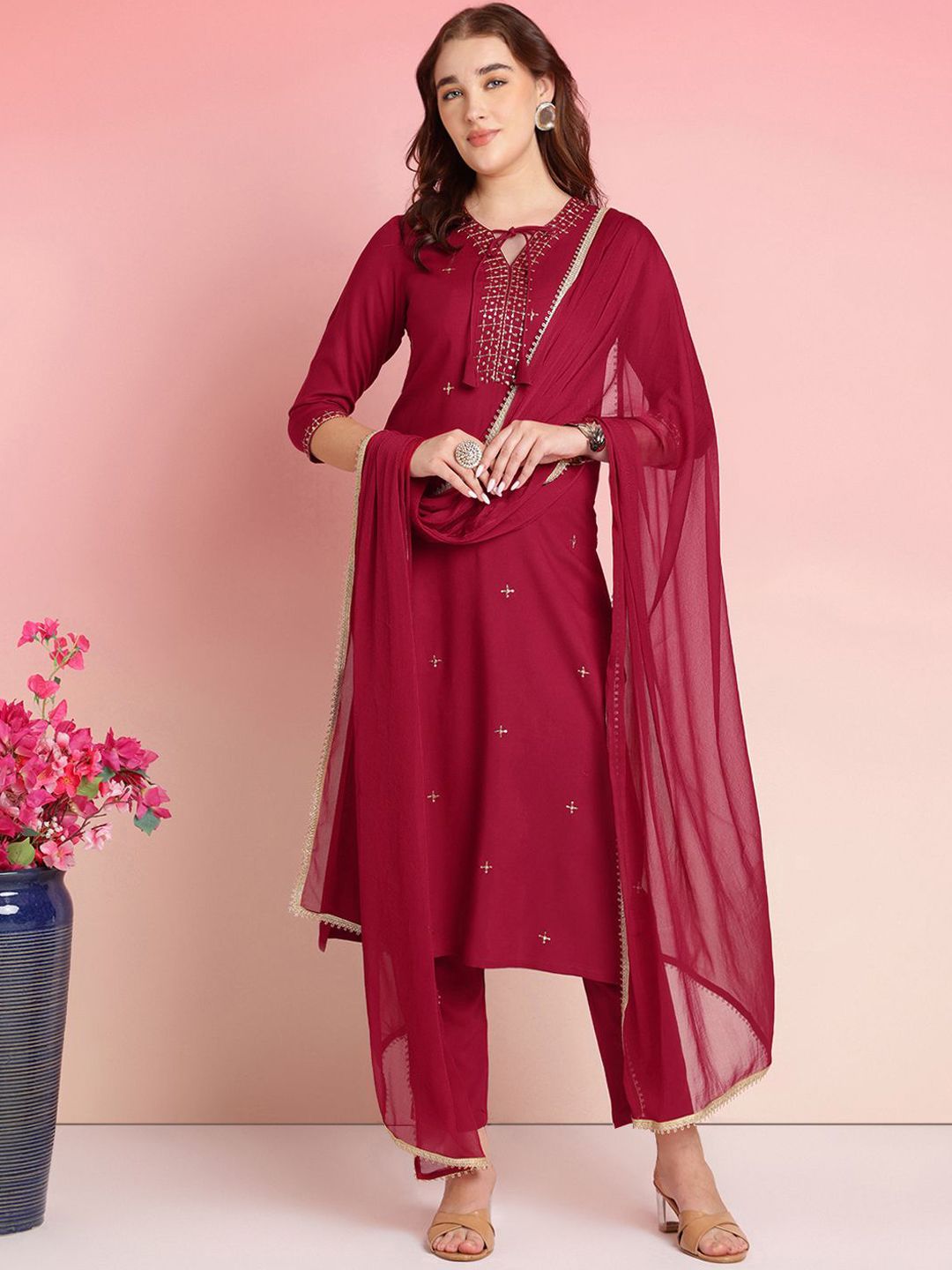 KALINI Ethnic Motifs Embroidered Sequinned Straight Kurta with Trousers & Dupatta-picture-13
