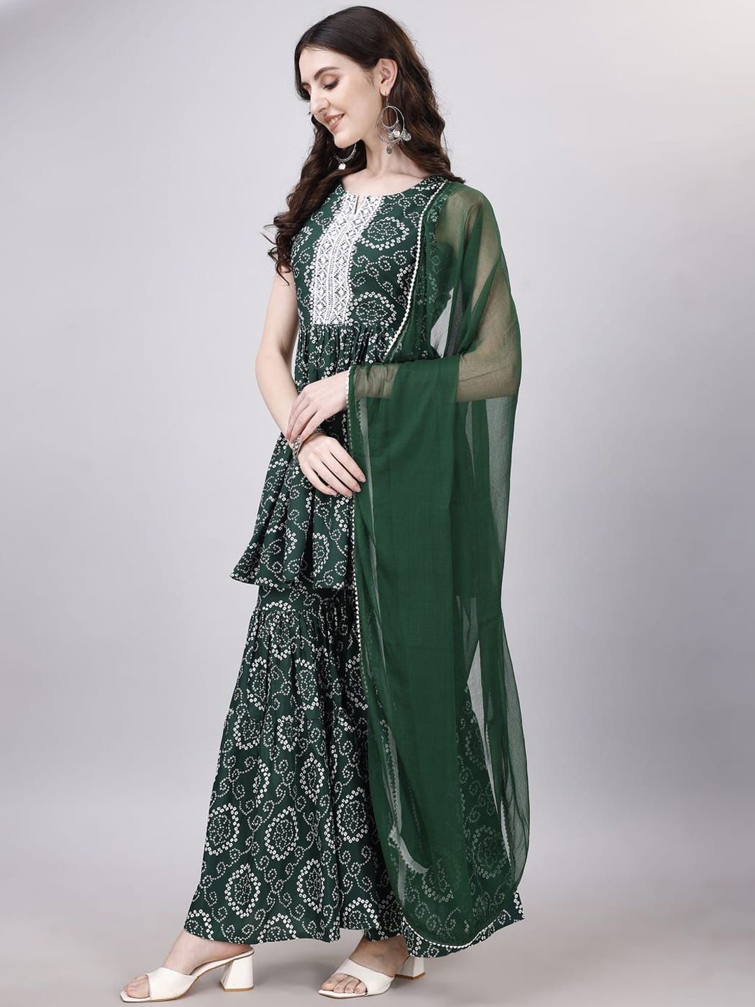 Nautinati Girls Bandhani Printed Mirror Work Pure Cotton Kurti With Sharara Dupatta main image 1