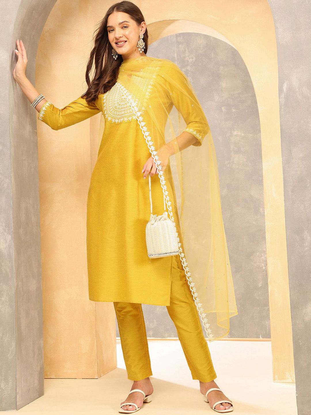 Anouk Ethnic Motifs Yoke Design Sequinned Straight Kurta with Trousers & With Dupatta