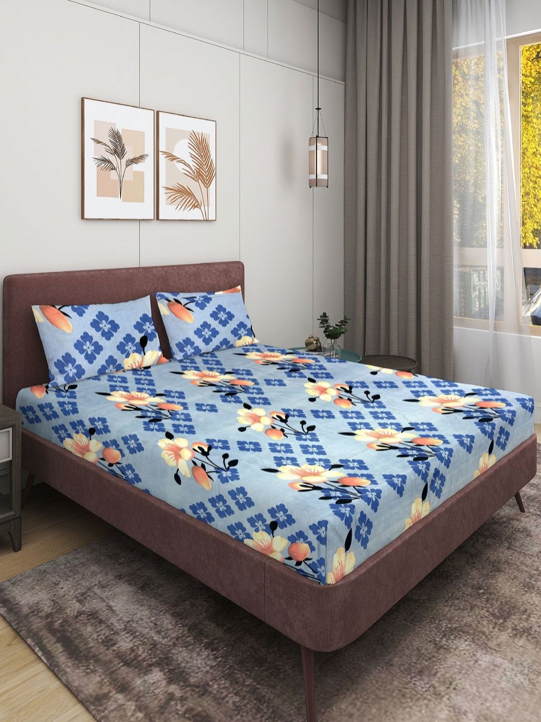 Aura Blue & Pink Floral Printed Microfiber 144 TC Queen Bedsheet Set 2.24 m x 2.24 m-image-44