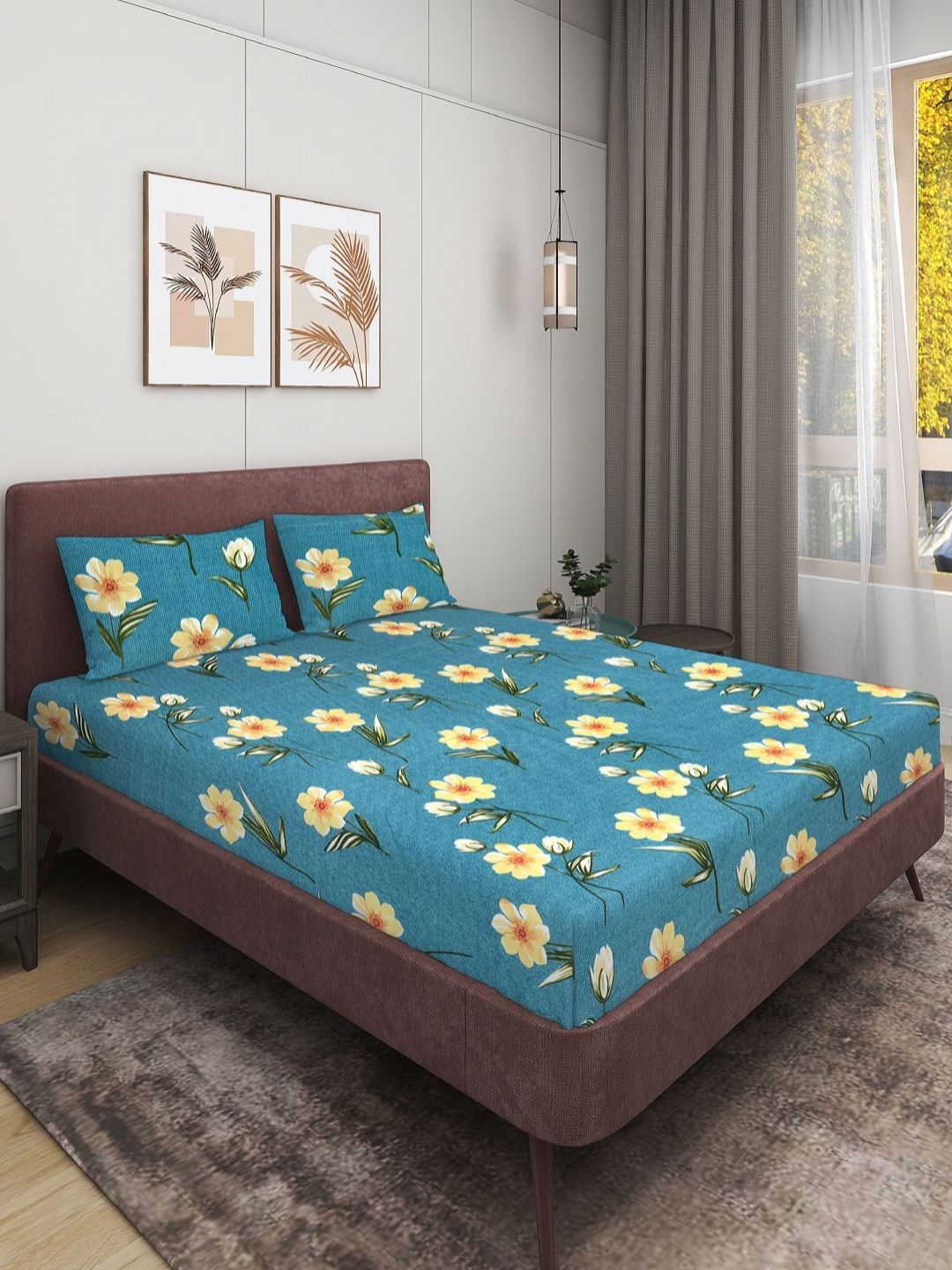 Aura Teal & Yellow Floral Printed Microfiber 144 TC Queen Bedsheet Set 2.24 m x 2.24 m-picture-58