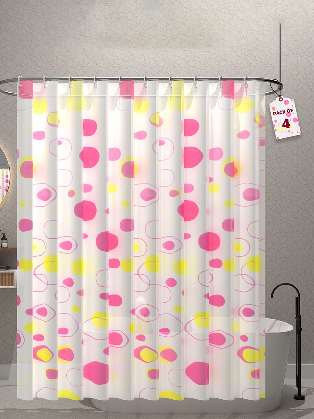 Kuber Industries Pink & Yellow 4 Pieces Printed Shower Curtains With 12 Rings-picture-42