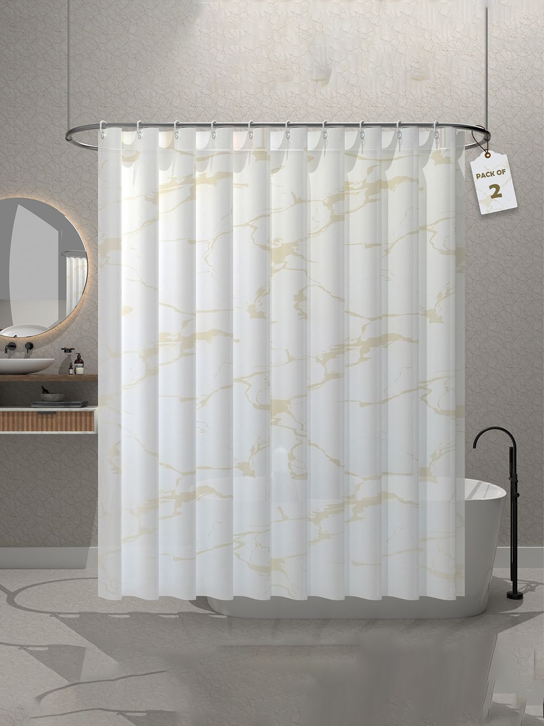 Kuber Industries 2Pc White & Yellow Marble Printed Quick Dry Shower Curtains With 12 Rings
