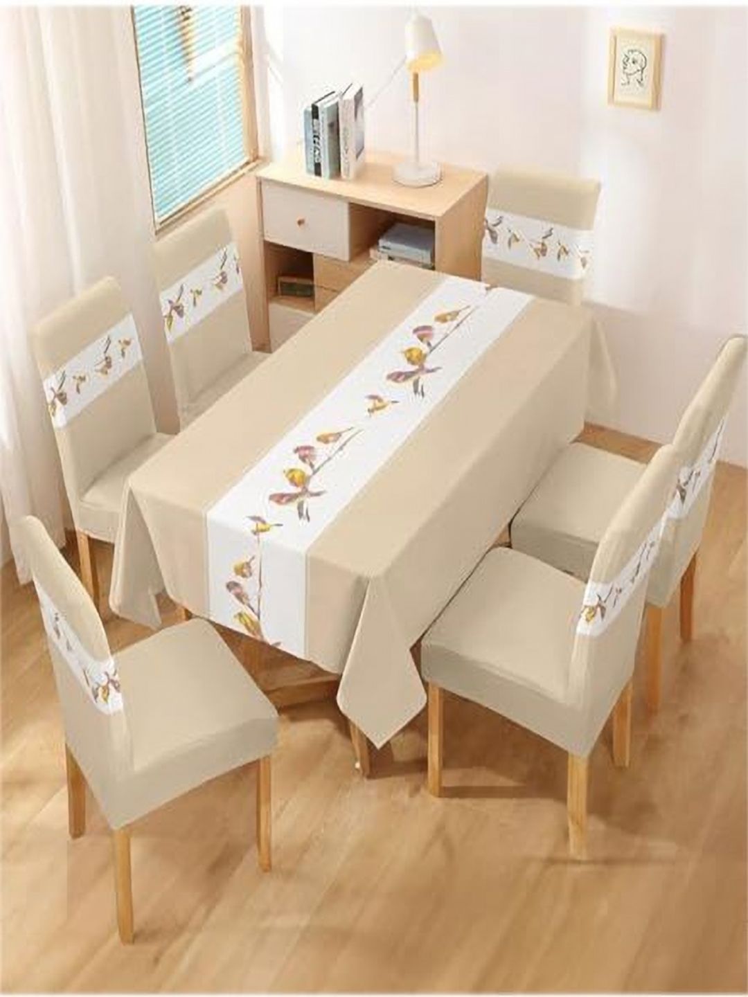 HOUSE OF QUIRK Beige Printed Waterproof 6-Seater Table Cover With Chair Cover-picture-46