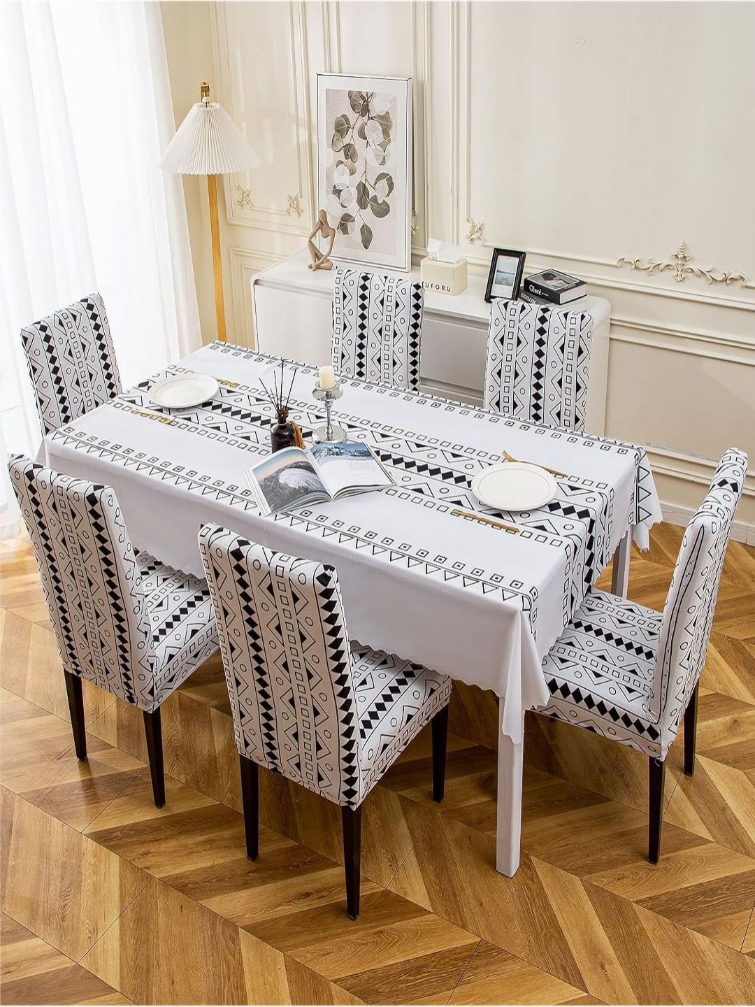 HOUSE OF QUIRK Cream-Coloured Printed Waterproof 6-Seater Table Cover With Chair Cover-picture-46