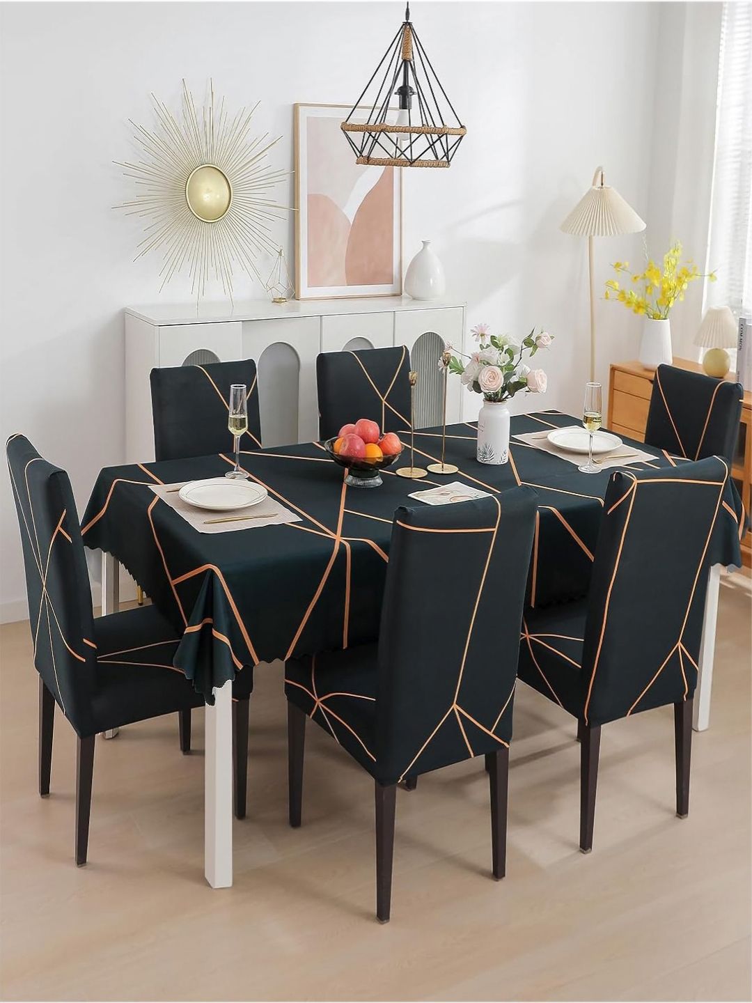 HOUSE OF QUIRK Green Geometric Printed Waterproof 6-Seater Table Cover With Chair Cover-picture-44