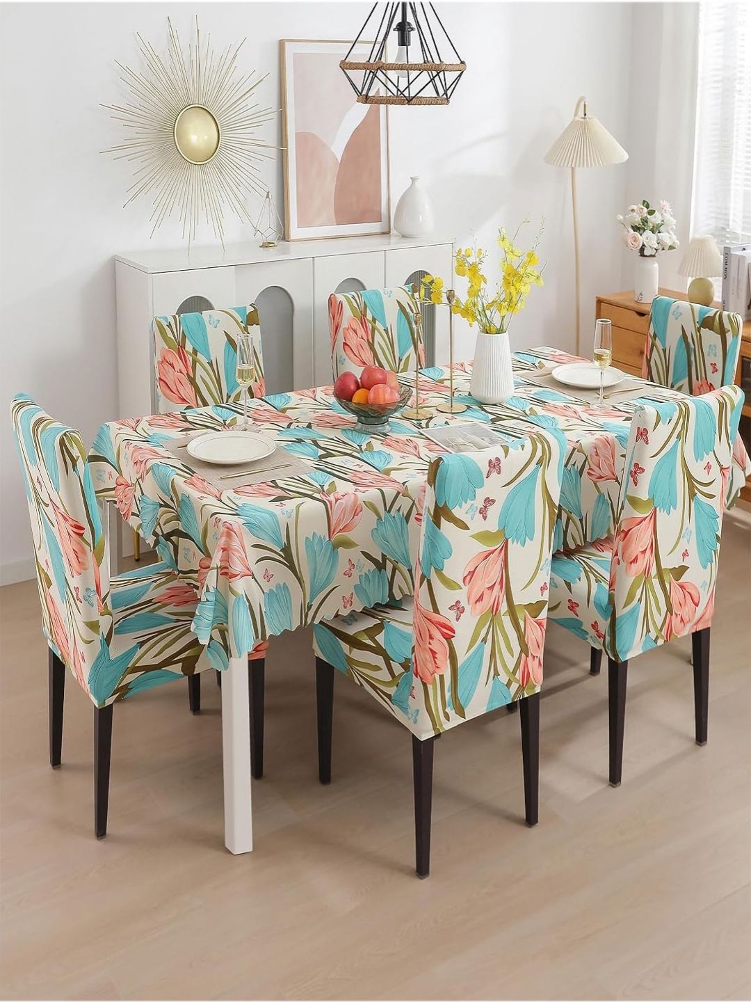 HOUSE OF QUIRK Cream-Coloured Floral Waterproof 6-Seater Table Cover With Chair Cover-picture-12
