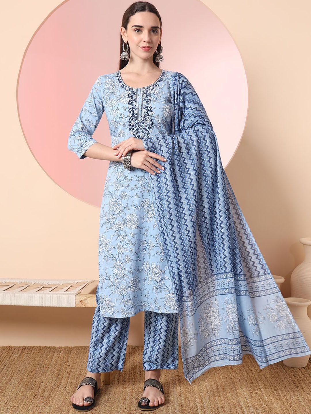 Yufta Blue Floral Printed Regular Thread Work Pure Cotton Kurta With Trouser With Dupatta