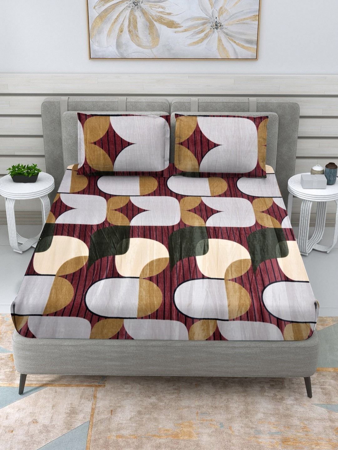 Myntra Elegant Homes Maroon & Grey Geometric 300 TC Queen Bedsheet with 2 Pillow Covers-image-34