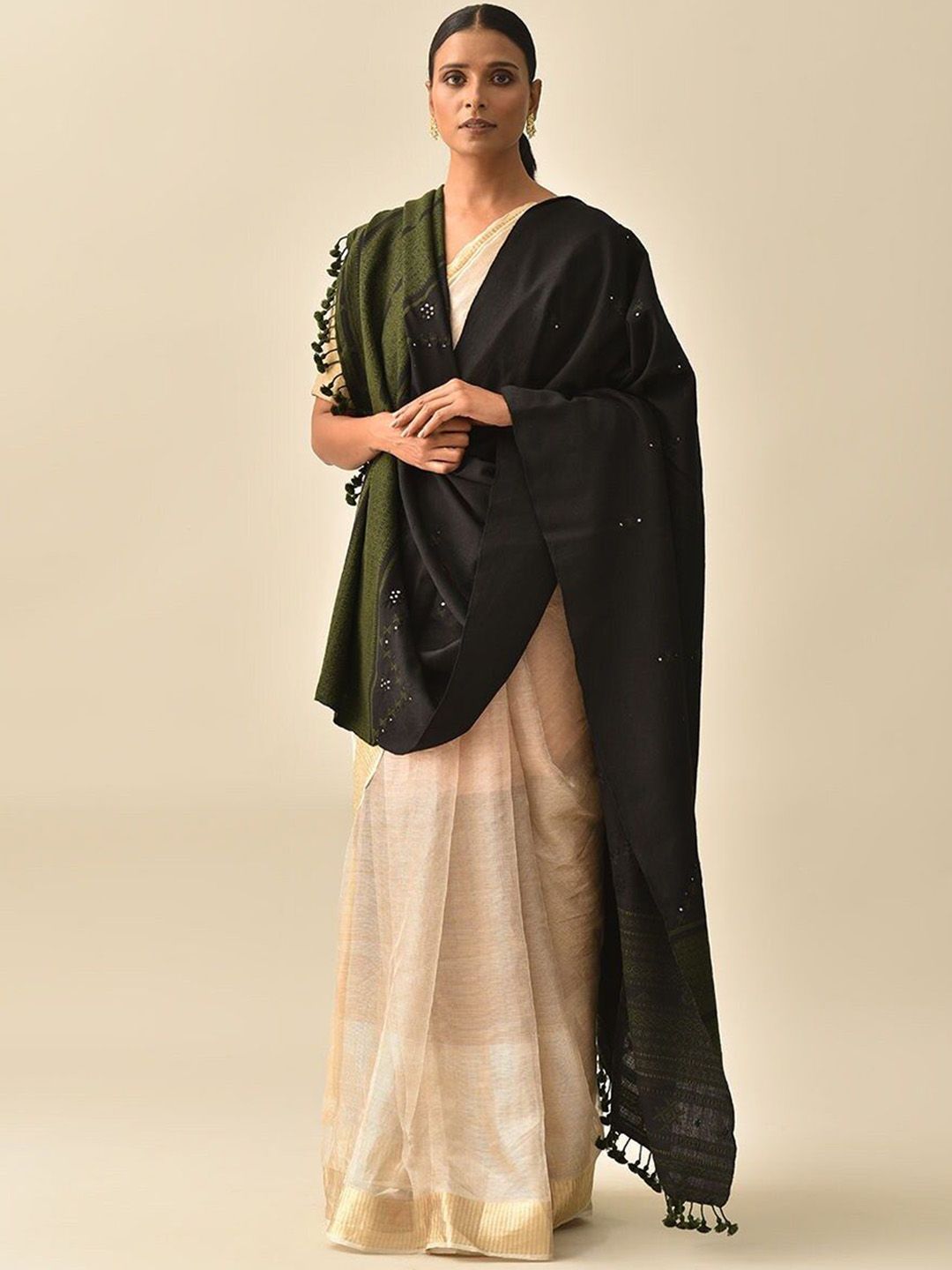 JAYPORE Ethnic Motifs Embroidered Mirror Work Woollen Shawl-picture-34