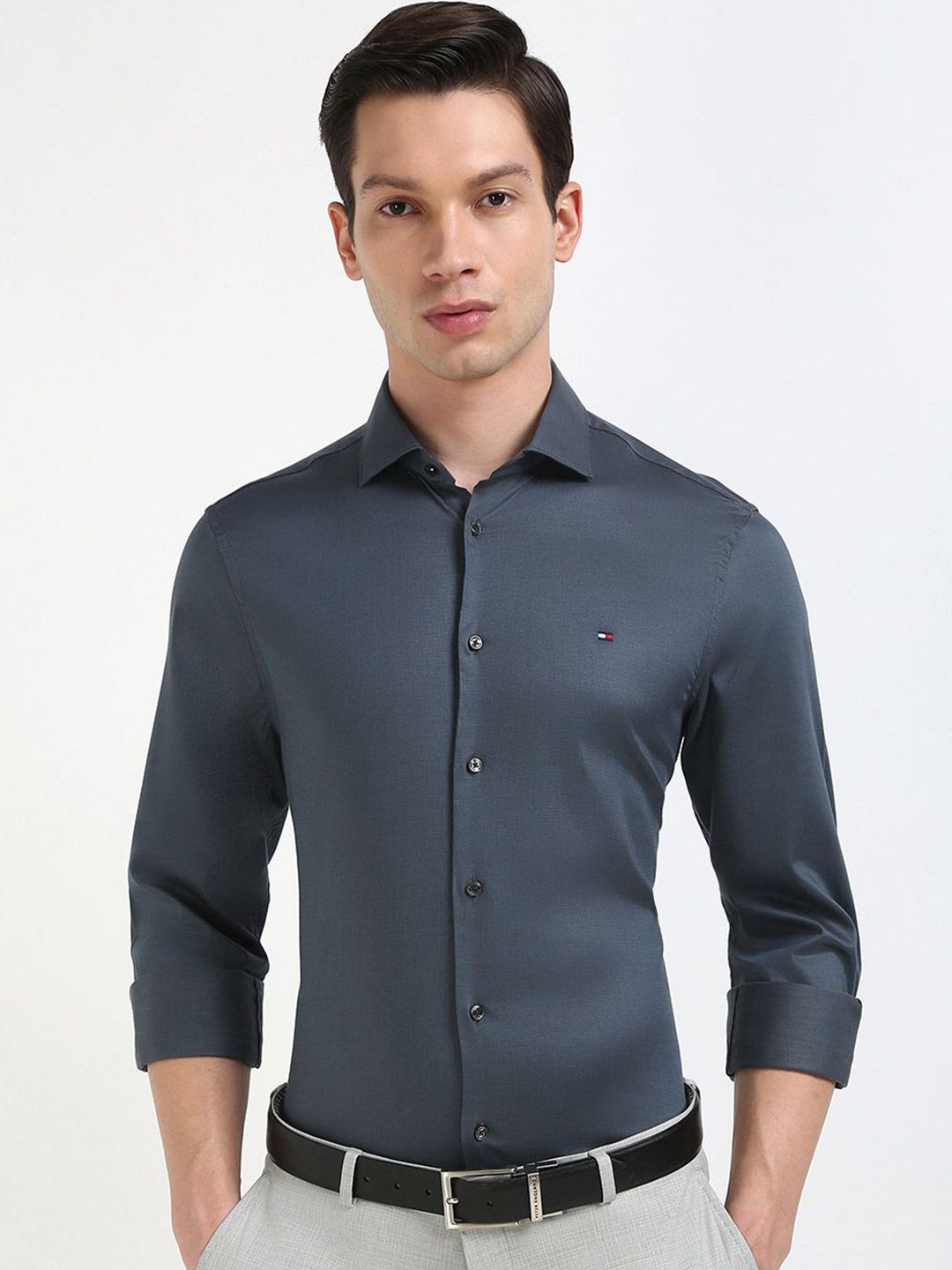 Tommy Hilfiger Men Spread Collar Solid Cotton Slim Fit Formal Shirt-image-39