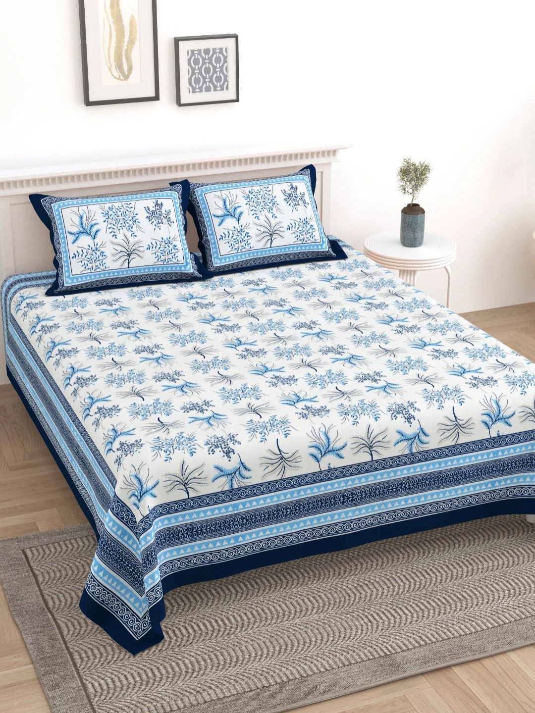 LIVING ROOTS Block Jaal Blue Floral Pure Cotton 250 TC King Bedsheet Set-2.28 m x 2.64 m-image-9