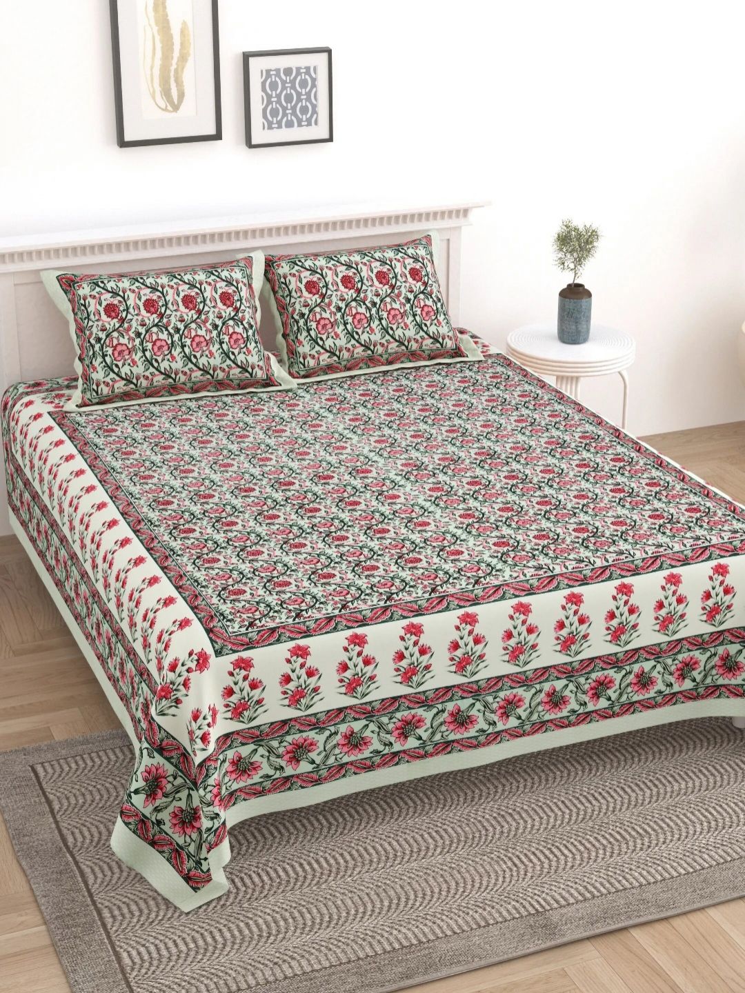 LIVING ROOTS Block Jaal Green Floral Pure Cotton 250 TC King Bedsheet Set-2.28 m x 2.64 m