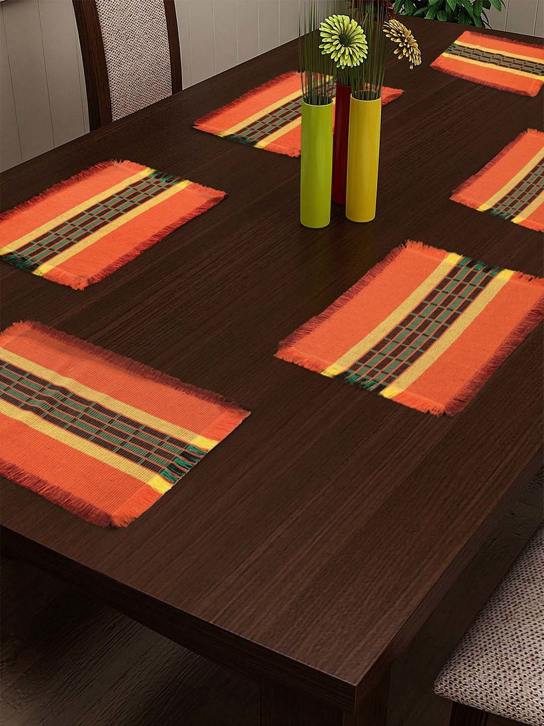 Aura Orange Colored & Yellow 6 Pieces Geometric Printed Pure Cotton Table Placemats-image-22
