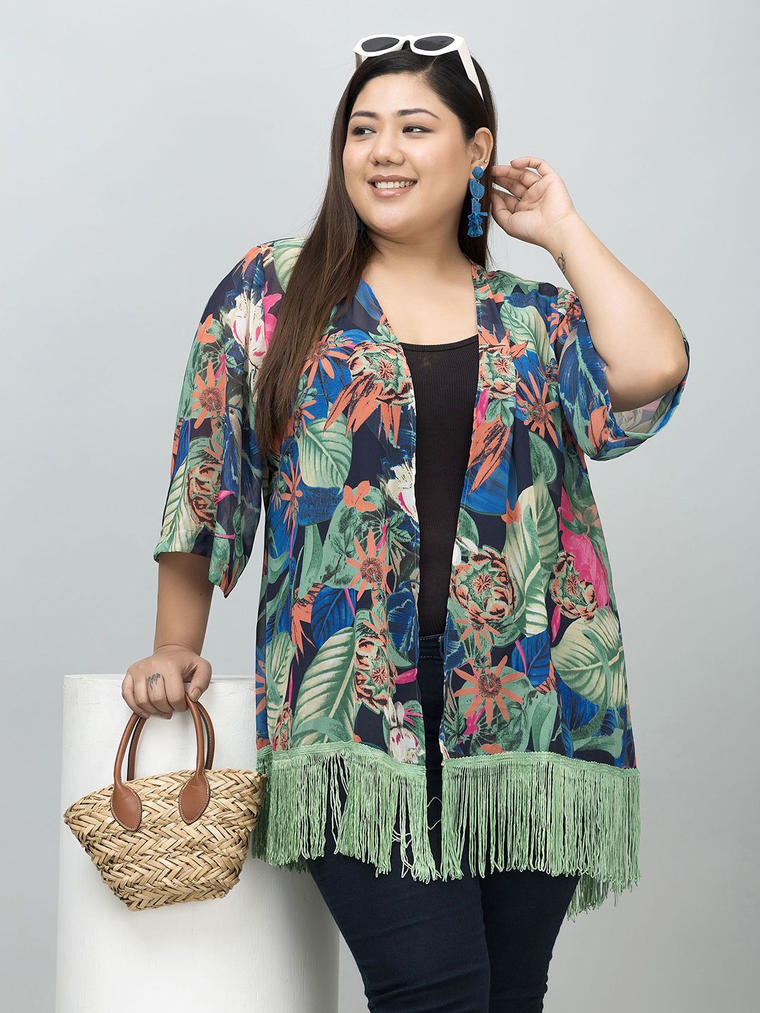 PURYS PLUS Tropical Printed Tasselled Longline Kimono Shrug-picture-25