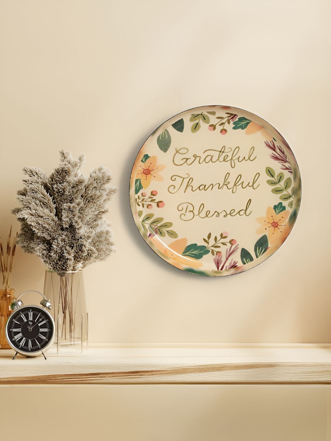 Homspurts Grateful Green & Yellow Printed Metal Wall Plates