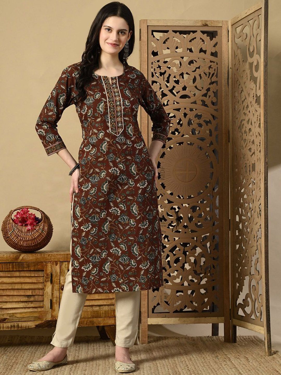 KEOSA Floral Printed Sequinned Cotton Straight Kurta-picture-18